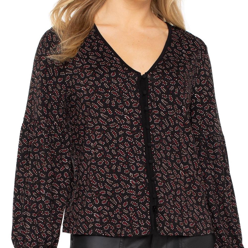 LIVERPOOL LONG SLEEVE BUTTON FRONT KNIT TOP Size MM / BLACK RED DITSY